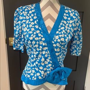 Vintage David Warren Wrap Turquoise Silk Bow Blouse Size 6